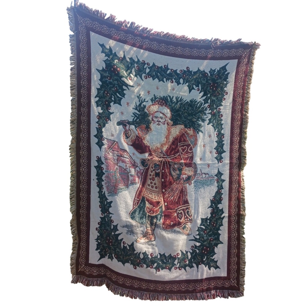 Goodwin Weavers Old World Santa Woven Throw Blanket Cotton Christmas Cabin Core